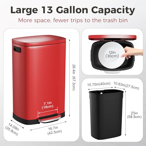 ELPHECO LPHECO Kitchen Trash Can with Lid Soft Close, 13 Gallon / 50L Stainless Steel Pedal Garbage Can, Heavy-Duty Step Wastebasket with 20 Bags, Removable Bucket, Home Office, Kitchen, Scarlet Red - color: Scarlet Red