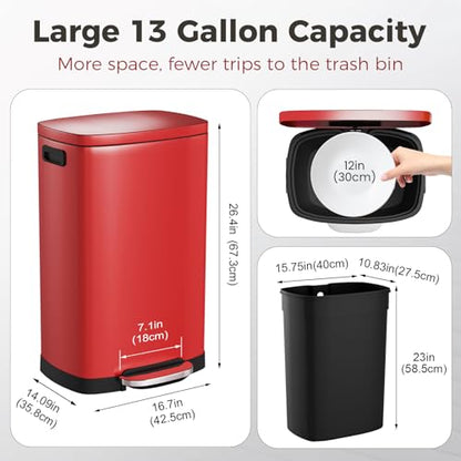 ELPHECO LPHECO Kitchen Trash Can with Lid Soft Close, 13 Gallon / 50L Stainless Steel Pedal Garbage Can, Heavy-Duty Step Wastebasket with 20 Bags, Removable Bucket, Home Office, Kitchen, Scarlet Red - color: Scarlet Red