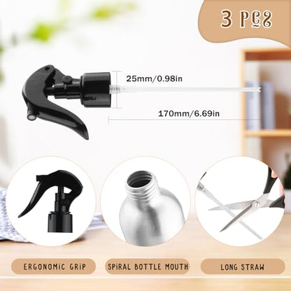 3 Pack Aluminum Spray Bottles with Adjustable Nozzle 500ml/17oz Silver Metal Fine Mist Atomizer Refillable Sprayer for Hairdressing Watering Plants Cleaning Cooking