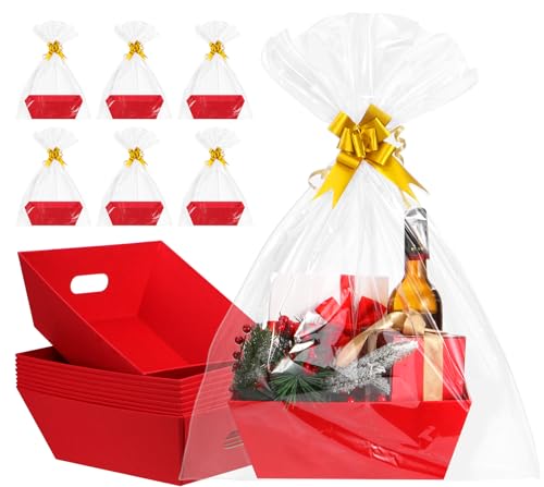 AFOROEOA 10PACK Red Baskets For Gifts Empty, 10x12”Thick Kraft Gift Basket with 10 Bows 10 Bags Empty Gift Baskets for Christmas, Easter, Birthdays, Snacks, Farmers Market - color: Red