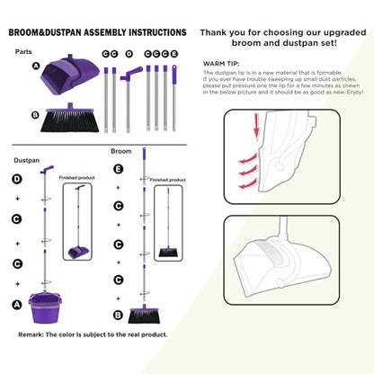 Purple Broom with Dustpan Combo Set, 51" Long Handle Household Cleaning Tool, Ideal Broom and Dustpan Set for Pet Hair and Home Use - color: Purple