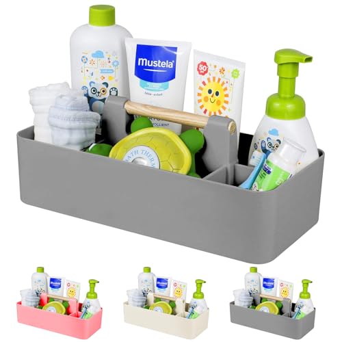 Baby Shower Caddy Plastic Nursery Portable Storage Organizer Caddy Tote for Child/Kids, Divided Basket Bin with Wood Handle for Bathroom, Dorm Room, Holdsn Bottles, Spoons, Gray - color: Grey