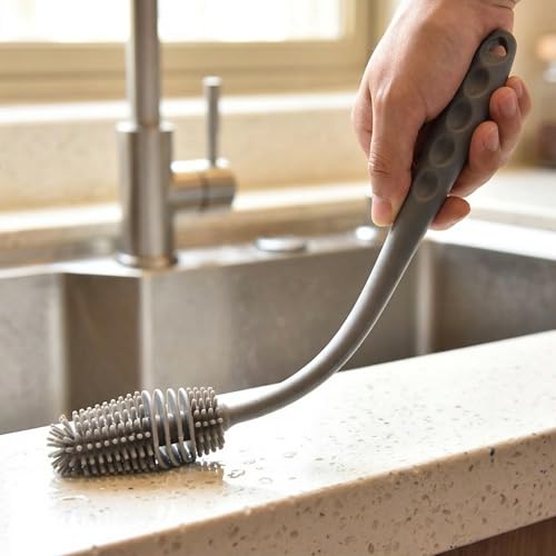 Baby Bottle Brush, Silicone Water Bottle Cleaner Flexible Extra Long Handle Grey Cup Cleaner Brush for Washing Hydro Flasks Sports Tumblers and Deep Narrow Neck Glassware