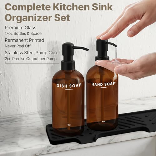 Kitchen Soap Dispenser Set - Dish Soap Dispenser for Kitchen with Self Drain Tray, 17oz Glass Bottle, Stainless Steel Pump, Sponge, and Dish Brush- Amber - color: Amber Bottle + Black Pump
