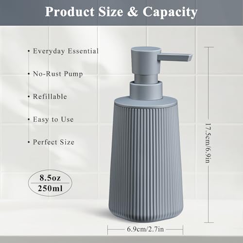Gray 2 Pack Hand Soap Dispensers Set with No Rust Pump for Bathroom and Kitchen Countertops Refillable Matte Striped Plastic 8.5 oz - color: Gray Set of 2