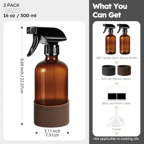 Tecohouse 2 Pack 360° Amber Glass Spray Bottles with Silicone Sleeve, 16 oz Empty Refillable Containers with Adjustable Spray Nozzles, Dark Spray Bottles for Cleaning Solutions, Plants (Black & Brown) - color: Amber, size: 16OZ