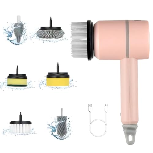Power Spin Scrubber，Spin Brush for Cleaning Set, Dish Blaster Cordless, 6 Heads, Rechargeable, 3 Rotating Speeds, Brush for Cleaning Bathroom Kitchen (Pink) - color: Pink