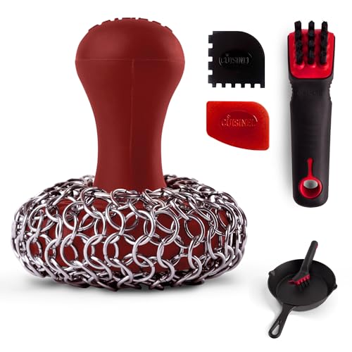 Cuisinel Cast Iron Chain Mail Scrubber + Cleaning Brush + Pan & Grill Scrapers - The Ultimate Skillet and Grill Cleaner Kit - Soft-Touch Confident-Grip Dish Scrub Tool - Silicone/Stainless Accessories - color: Red, size: Full Set