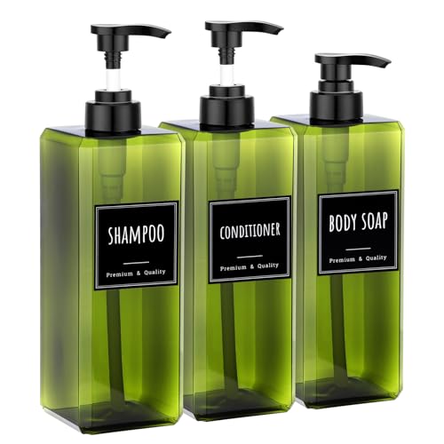 Segbeauty 33.8oz Square Shampoo and Conditioner Dispenser, 3pcs Large Capacity Plastic Soap Dispenser Bathroom, Green 1000ml Empty Lotion Pump Bottle Soap Hand Wash Bottles with Waterproof Labels - color: Green, style: 3pcs