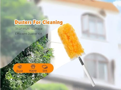 Heavy Duty Duster Refills, Disposable Dusters Kit for Cleaning Dusting Furniture Blind Ceiling Fan, Multi Surface 360 Feather Duster(10)+3FT Extended Handle（1） (Orange) - color: Orange