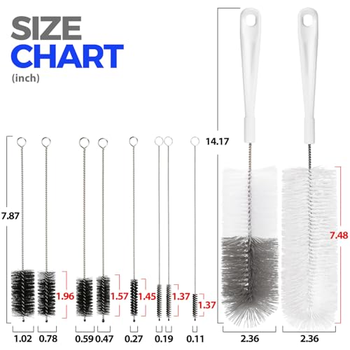 Holikme 10 Pack Bottle Brush Cleaner Set, 15" Long Handle Bottle Cleaner Brush, Flexible Long Handle Water Bottle Brush for Narrow Neck Beer Wine, 8 Straws, Abrasive Spiral Brushes, White Grey