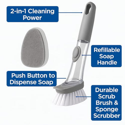 2-in-1 Soap Dispensing Dish Brush with Sponge Head – Easy Grip Kitchen Scrubber for Dishes, Pots, Pans & More – Includes Refill – by Dependable Industries Inc. Essentials