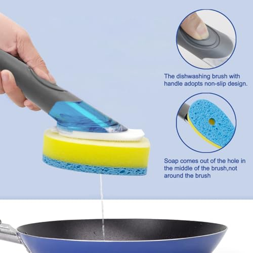 CELOX Dish Sponge with Handle, Non-Scratch Soap Dispensing Dishwand
