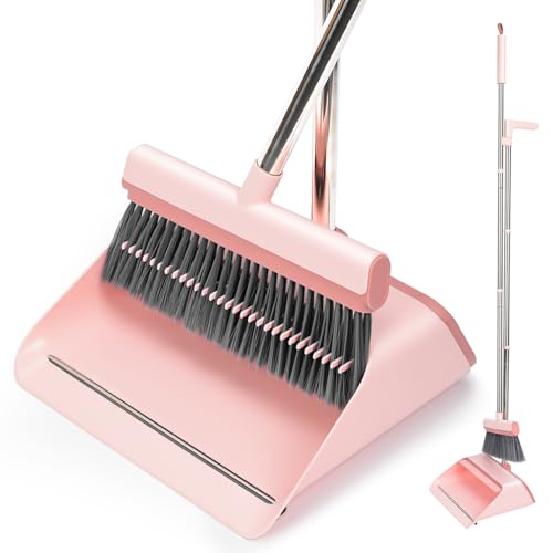 Broom and Dustpan Set, Heavy Duty Stand Up Dust Pan and Broom with 47'' Long Handle, Broom with Dustpan Combo Set for Home Floor Room Kitchen Office Lobby Indoor Outdoor Sweeping Broom Cleaning