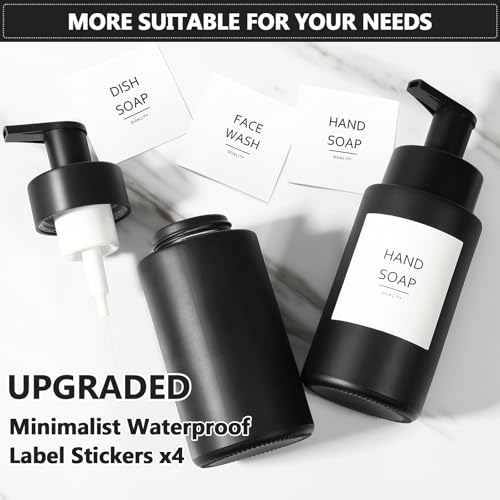 RYTOXILO Matte Black Foaming Hand Soap Dispenser, 10 oz/300ml Glass Foam Dispenser, 2 Pcs Foaming Soap Dispenser for Bathroom, Black Refillable Pump with Waterproof Labels - color: Black Bottle, size: 10 Fl oz