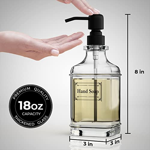 GLADPURE 2 Pack Soap Dispenser, 18 Oz Antique Design Thick Glass Hand Dispensers; with 304 Rust Proof Stainless Steel Pump, 6Pcs Clear Stickers, for Kitchen, Bathroom- Black - color: Black