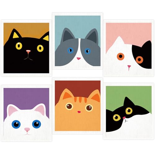 Cute Cat Swedish Dish Clothes Pack of 6, Reusable, Absorbent Hand Towels for Kitchen, Bathroom and Cleaning Counters Cellulose Sponge Cloth - color: Cat