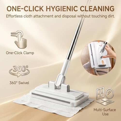 Snap Grip Flat Mop for Floor Cleaning, Hand-Free Wet Dry Sweeper 360° Swivel Head, Reusable Cloth Locking Design, Long Handle for Hardwood, Tile, Laminate, Walls (1 Mop+2 Packs Cleaning Cloth)