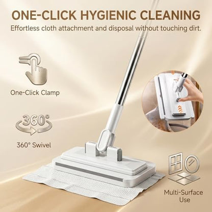 Snap Grip Flat Mop for Floor Cleaning, Wet Dry Wall Sweeper, 360° Swivel Head, Reusable Cloth Locking Design, Extendable Long Handle for Hardwood, Laminate, Walls (3 Mops+6 Packs Cleaning Cloth)