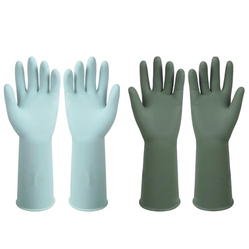 Dishwashing Rubber Gloves Reusable Kitchen Gloves 2Pairs Cleaning Gloves for Washing Dishes Long-lasting&Non-Slip - color: Dark Green&light Blue, size: Small