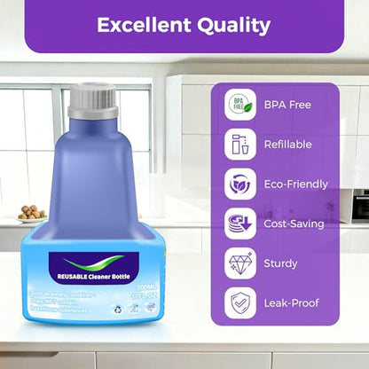 Refillable Replacement Bottle for Swiffer® Wet Jet™ Mop, 500ml /17 oz, Empty, Leak-Proof HDPE Cleaner Solution Refill Bottle with 8 Silicone Gaskets & 1 Foldable Funnel - color: Purple-1p