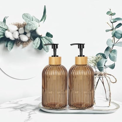 Amber Glass Soap Dispenser with Pump, 2 Pack 13.5oz Vertical Stripe Design Hand Soap Dispenser for Hand Wash, Dish Wash, Elegant Dispenser for Bathroom and Kitchen - color: Striped Amber