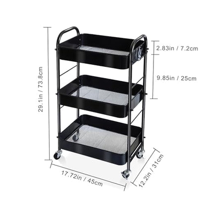 SUNLPH 3-Tier Rolling Utility Cart with Stopper Caster Wheels and 4 Hooks, Easy Assembly, for Kitchen, Bathroom, Living Room, Office (17.7”L x 12.2”W x 29.1”H, Black)