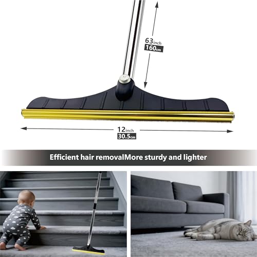 Premium Stainless Steel Pet Hair Removal Carpet Rake | Reusable Adjustable Pet Fur De-Shedding Tool for Carpets, Rugs, Upholstery & Auto Mats | Long Extendable Handle, Heavy-Duty Construction (Black) - color: Black