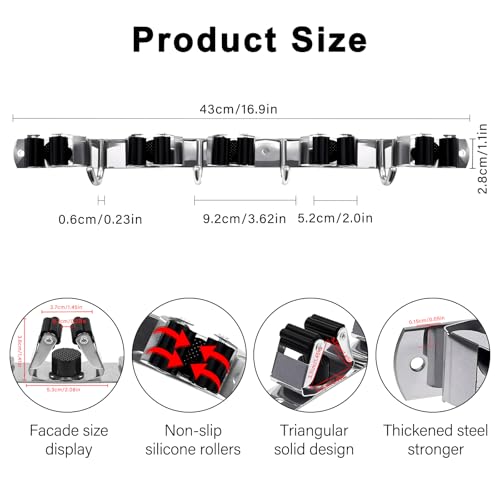 2 Packs 5 Racks and 4 Hooks Mop and Broom Holder Wall Mount, SUS304 Heavy Duty Broom Organizer Storage Tool Racks, Self Adhesive Solid Non-slip Tool Hangers for Home Kitchen Garden Laundry Garage - color: 5 Racks & 4 Hooks (Silver) - 2 Pack