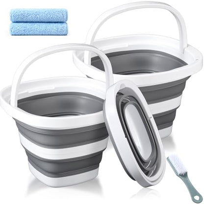 2 Pack Collapsible Buckets, 5L 1.3 Gallon Cleaning Buckets with Handle, Foldable Plastic Bucket Basin with 2 Towels, a Brush for House Garden Cleaning, Car Washing, Camping, Fishing