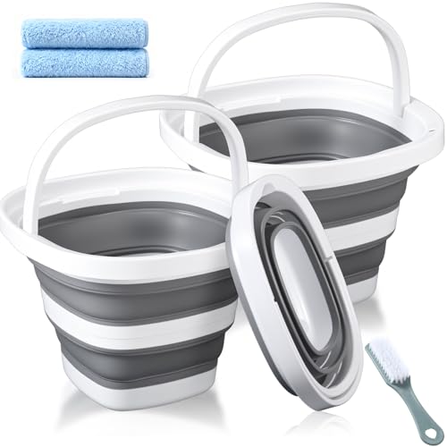 2 Pack Collapsible Buckets, 5L 1.3 Gallon Cleaning Buckets with Handle, Foldable Plastic Bucket Basin with 2 Towels, a Brush for House Garden Cleaning, Car Washing, Camping, Fishing