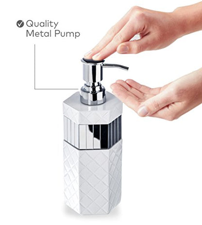 Creative Scents Quilted Mirror White Bathroom Accessories Set - Decorative 4 Piece Bathroom Set - Mirrored Bathroom Accessory Set Includes: Soap Dispenser, Toothbrush Holder, Tumbler & Soap Dish - style: 4 Piece Set