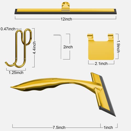 TOOVEM 12 Inch Shower Squeegee for Glass Doors, Window, Bathroom, Car Windshield, Shower Cleaning Tools with S Hook, Square Sticky Hook（Gold） - style: Gold 12 inch