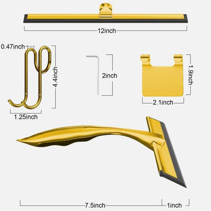 TOOVEM 12 Inch Shower Squeegee for Glass Doors, Window, Bathroom, Car Windshield, Shower Cleaning Tools with S Hook, Square Sticky Hook（Gold） - style: Gold 12 inch