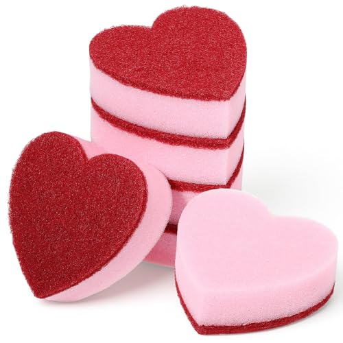 Breling 6 Pcs Heart Shaped Scrub Sponges Valentine Gifts Dual-Sided Kitchen Sponge Heart Kitchen Scrubber for Washing Dishes Pots Pans Household Bathroom Cleaning(Red)