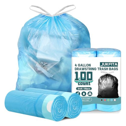 4 Gallon Trash Bags Drawstring 100 Count, JUKFITA Strong Small Garbage Bags, Unscented Trash Can Liners for Bathroom Restroom Office Kitchen, Blue - color: Blue, size: 100 Count (Pack of 1)