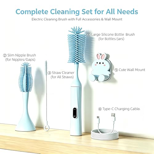 Rechargeable Electric Bottle Brush with 2 Speeds Powerful Automatic Bottle Cleaner,BPA-Free Silicone Spinning Design, Wall Mount & Straw Cleaner,Suitable for Baby Bottles & Kitchen (Alan+Alan) - color: Alan+alan