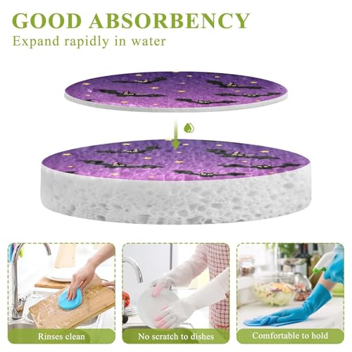 Bats Flying on Purple Background Dish Scrub Sponges Kitchen Halloween Non Scratch Reusable Compressed Cellulose Sponge Hanging for Household Cleaning Washing Dishes Pots and Pans 3 Pack - color: Pattern16