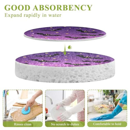 Bats Flying on Purple Background Dish Scrub Sponges Kitchen Halloween Non Scratch Reusable Compressed Cellulose Sponge Hanging for Household Cleaning Washing Dishes Pots and Pans 3 Pack - color: Pattern16