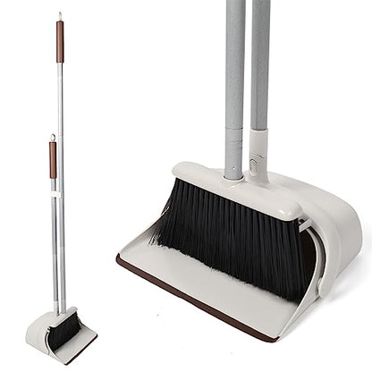 54" Long Handled Broom and Dustpan Set - Perfect Dust Pan and Brush Combo for Efficient Cleaning, Brown and White - color: Brown and White