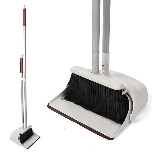 54" Long Handled Broom and Dustpan Set - Perfect Dust Pan and Brush Combo for Efficient Cleaning, Brown and White - color: Brown and White