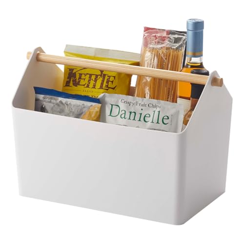 YAMAZAKI Home Storage Organizer/Cleaning Caddy/Storage Basket with Handle Plastic + Wood One Size White - color: White