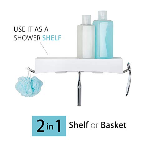 Better Living Clever Flip Shower Shelf, Basket or Shelf, Wall Mounted Shower Caddy Organizer with Removable Hooks, Multi-Purpose, No Drilling Adhesive, 16.88" x 4" x 2.88", White - color: White/Chrome, style: Flip Shower Shelf