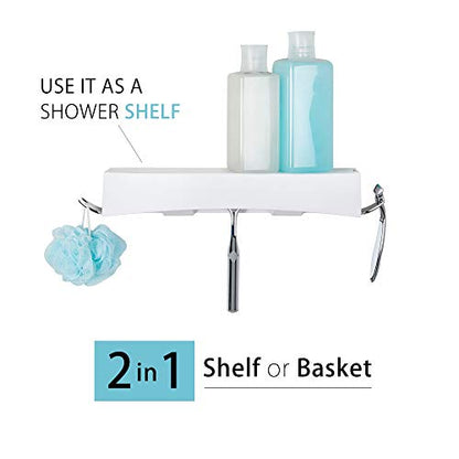 Better Living Clever Flip Shower Shelf, Basket or Shelf, Wall Mounted Shower Caddy Organizer with Removable Hooks, Multi-Purpose, No Drilling Adhesive, 16.88" x 4" x 2.88", White - color: White/Chrome, style: Flip Shower Shelf