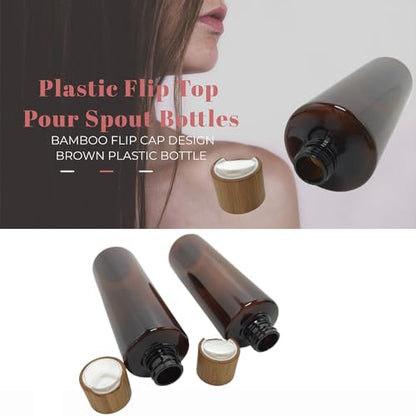 Empty Cosmetic Bottles 8oz/250ml 2 PACK With Bamboo Disc Top Flip Cap for Shampoo Lotion Liquid Soap,Cream,Refilable Plastic Squeeze Travel Size Toiletry Bottles Brown - color: Brown, size: 250ml/8oz 2Pack