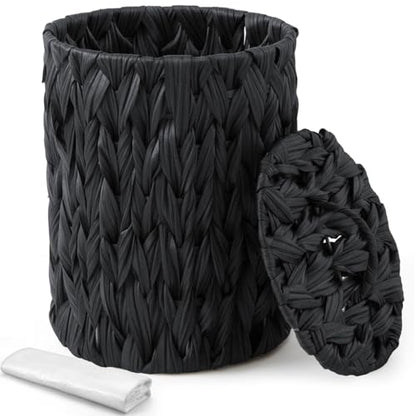 Ctosree 1.3 Gallons Small Trash Can with Lid Handle Boho Woven Braided Bathroom Waste Basket Trash Can with 100 Garbage Bags for Bedroom Office Laundry(Braided Polypropylene, Black) - color: Black, style: Braided Polypropylene