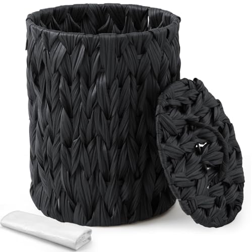 Ctosree 1.3 Gallons Small Trash Can with Lid Handle Boho Woven Braided Bathroom Waste Basket Trash Can with 100 Garbage Bags for Bedroom Office Laundry(Braided Polypropylene, Black) - color: Black, style: Braided Polypropylene