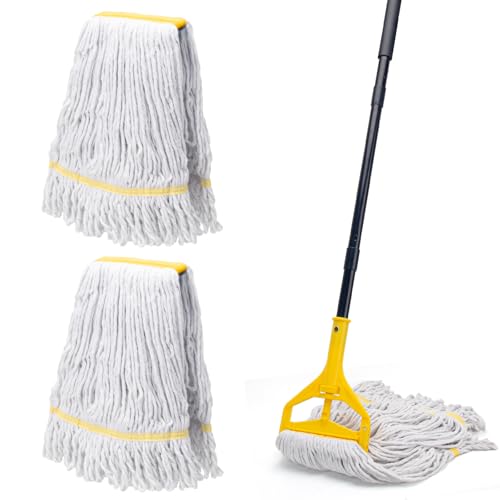 Commercial Mop with 3 Extra Large Replacement Heads,59" Long Handle Heavy Duty Industrial Mops for Floor Cleaning,Looped-End String Wet Cotton Mop for Home,Kitchen,Office,Garage,Concrete/Tile Floor - size: Large