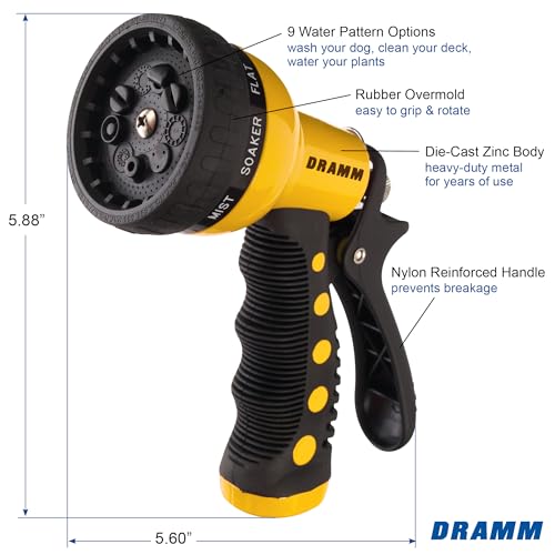 Dramm Revolver Heavy Duty Metal Garden Hose Nozzle – 9 Spray Patterns, High Pressure Jet, Thumb-Control Flow, Ergonomic Grip – Yellow - color: Yellow, style: 9-Pattern Revolver