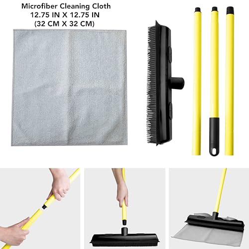 FURemover Sweep Pet Hair Rubber Broom with Squeegee and Attachable Microfiber Cloth and 47” Handle for Tile, Carpet and Hardwood